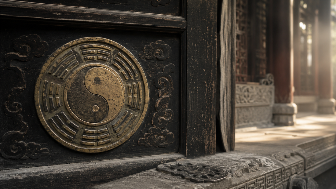 A weathered yin-yang and Bagua medallion on an ancient Taoist temple door