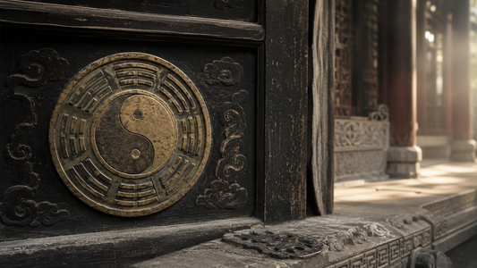 A weathered yin-yang and Bagua medallion on an ancient Taoist temple door