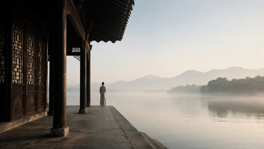 A solitary figure standing between a shaded pavilion and a peaceful misty lake