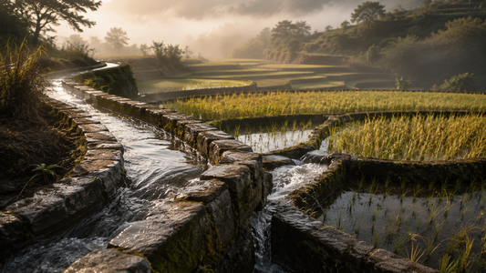 Water flowing through old stone channels into sunlit rice terraces