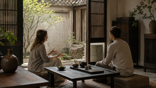 Two people having a calm conversation over tea in a quiet courtyard room
