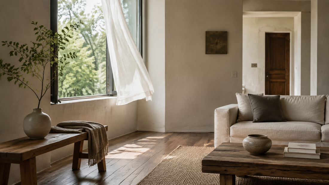 A calm minimalist living room with natural light, wood, linen, and open space
