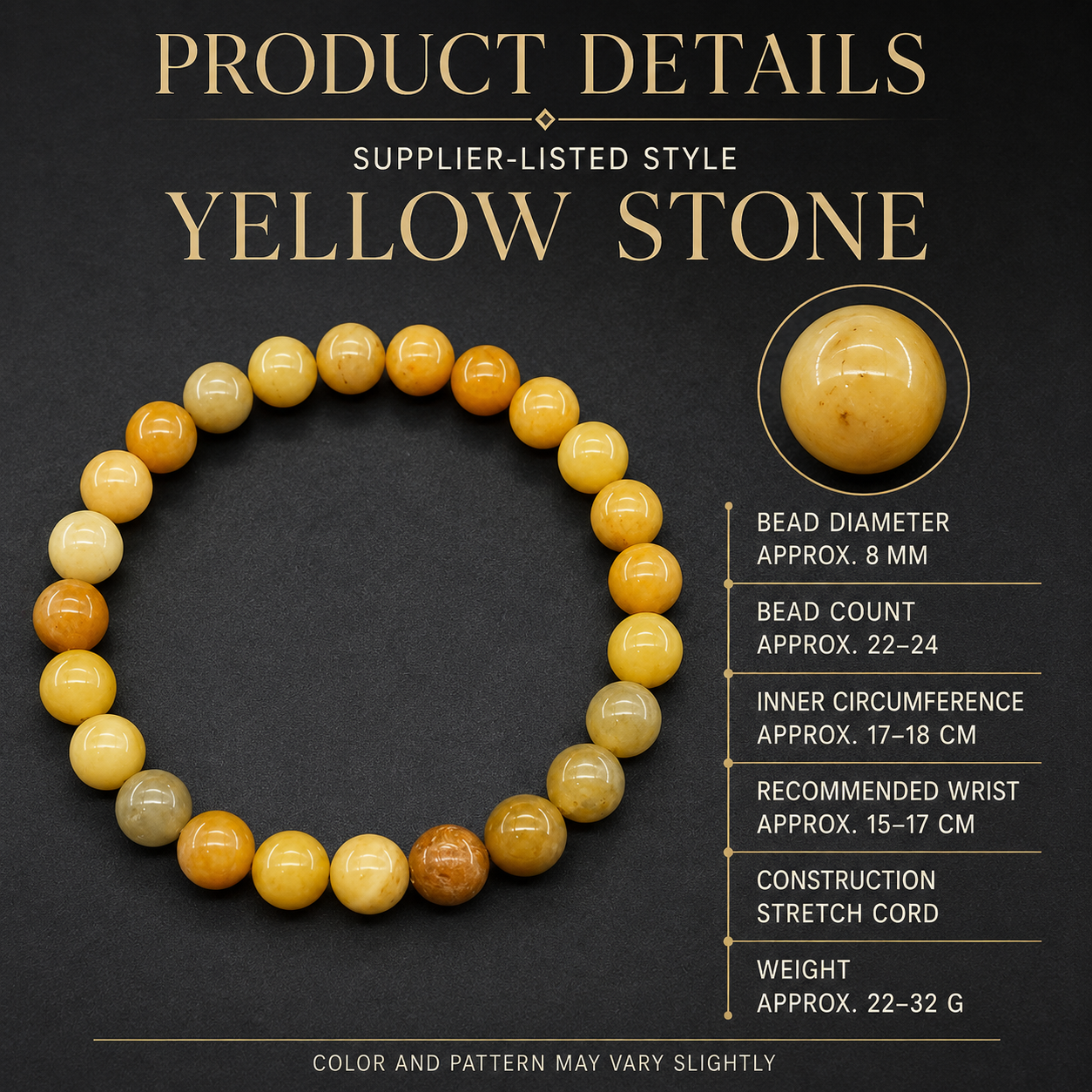 Golden Intention Bracelet bead size and product details