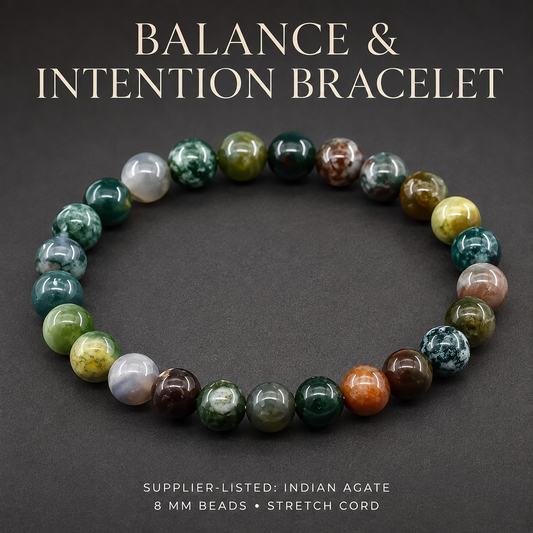 Balance and Intention Bracelet with multicolored Indian agate beads