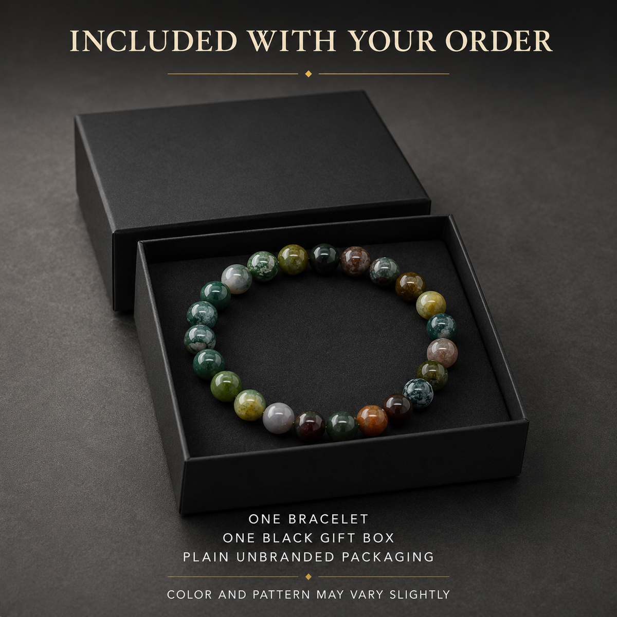 Balance and Intention Bracelet with a plain black gift box