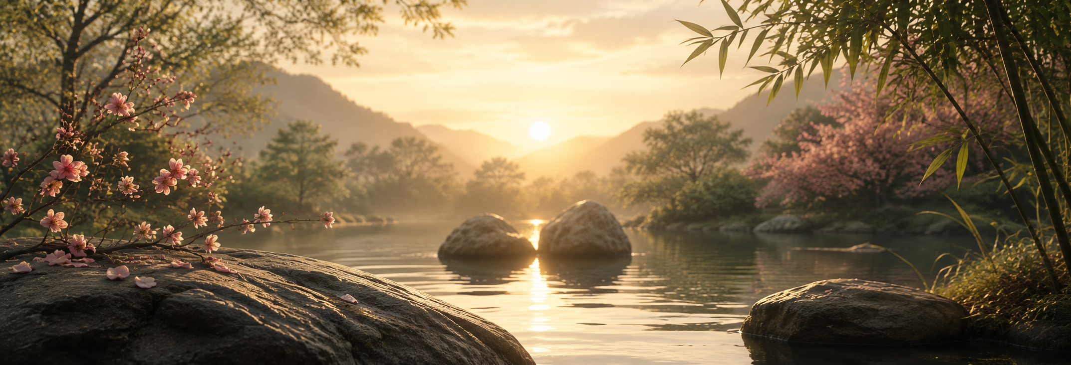 Peaceful garden pond with spring blossoms at sunrise