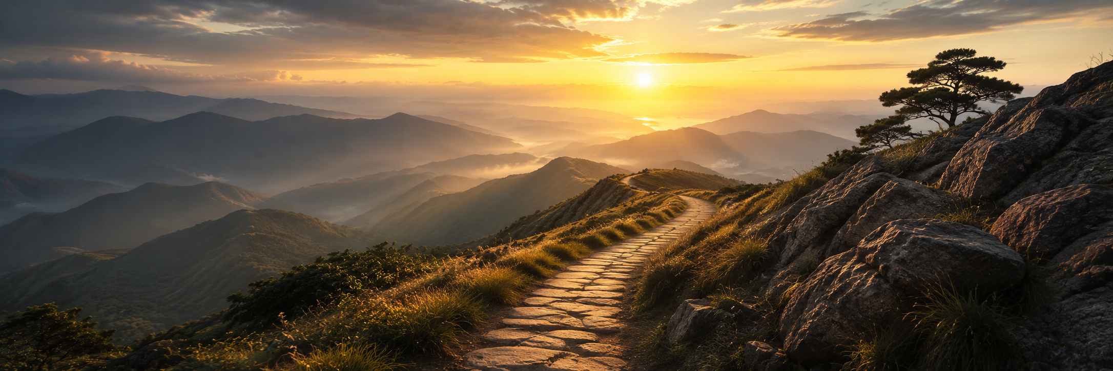 Sunlit mountain path leading toward distant peaks