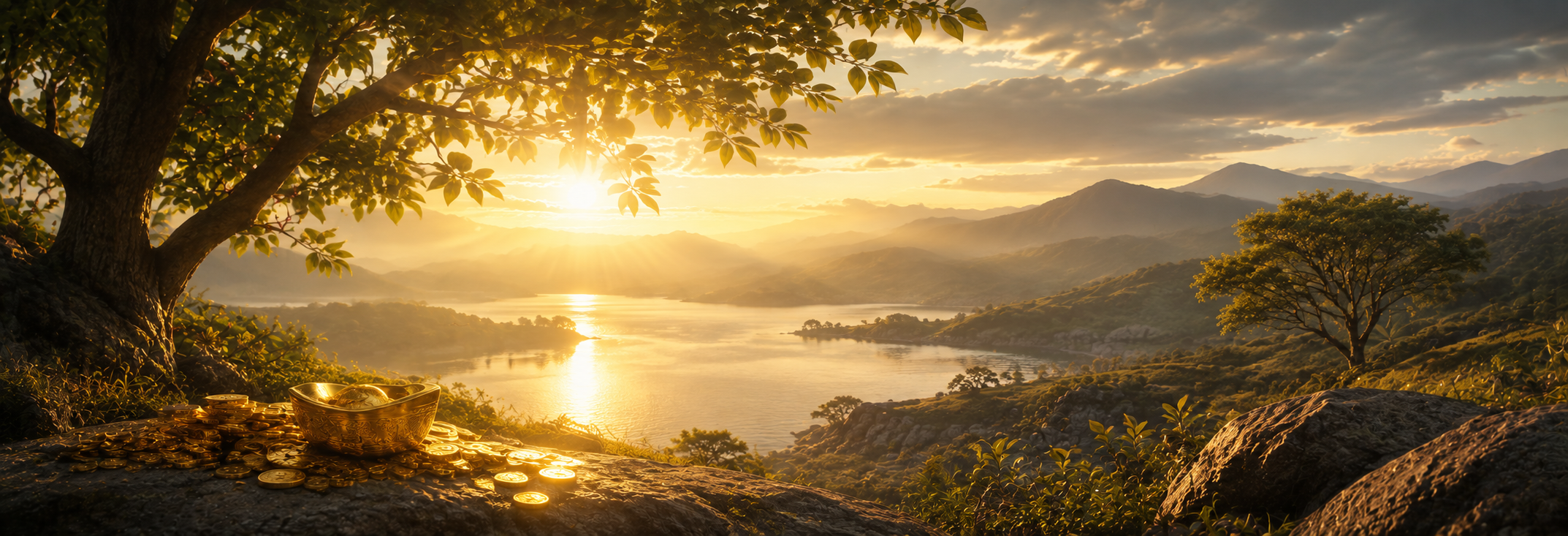 Sunrise over a wide river valley beneath a large tree