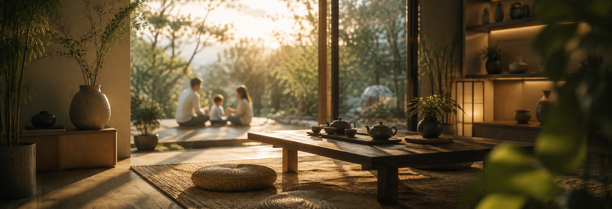Family sharing tea in a peaceful sunlit home