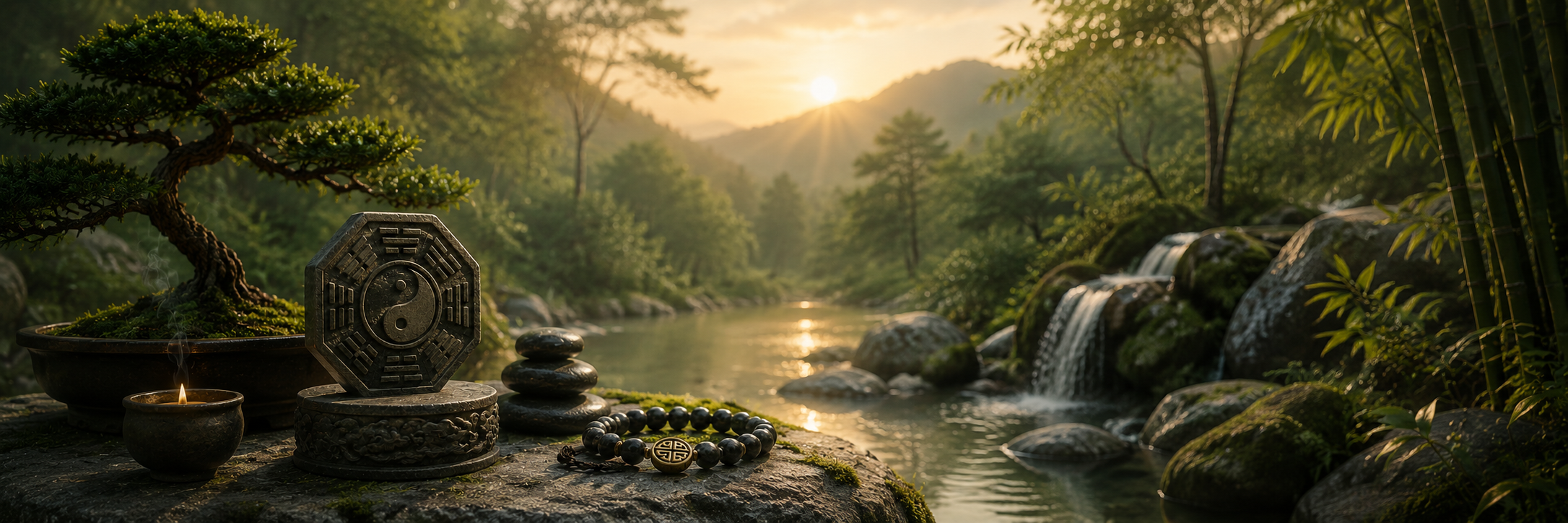 Bagua symbol and black beads beside a forest stream