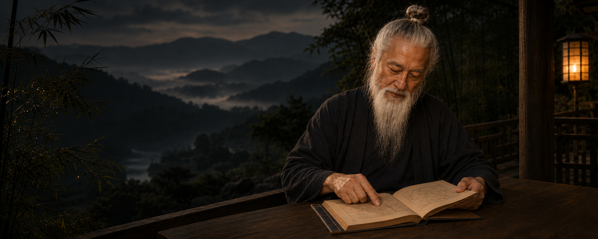 Master Zhang reading at a wooden table overlooking a mountain landscape