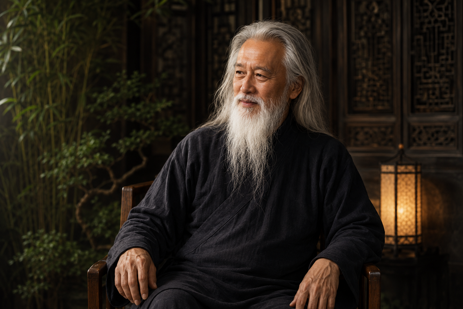 Master Zhang seated in a traditional study with bamboo and warm lantern light