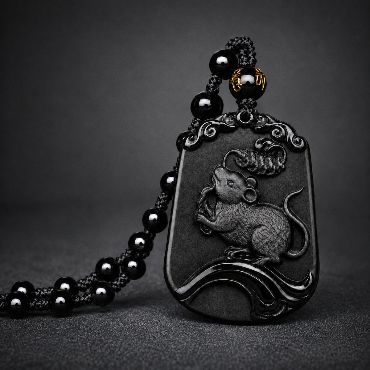 Black Rat zodiac symbol pendant with beaded cord