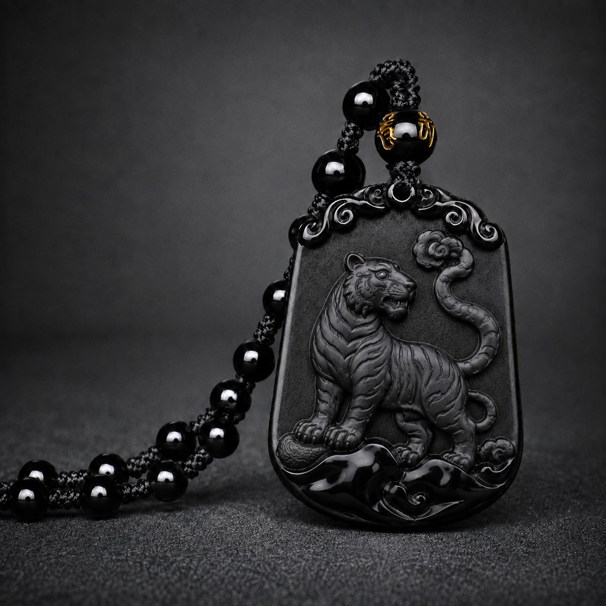 Black Tiger zodiac symbol pendant with beaded cord