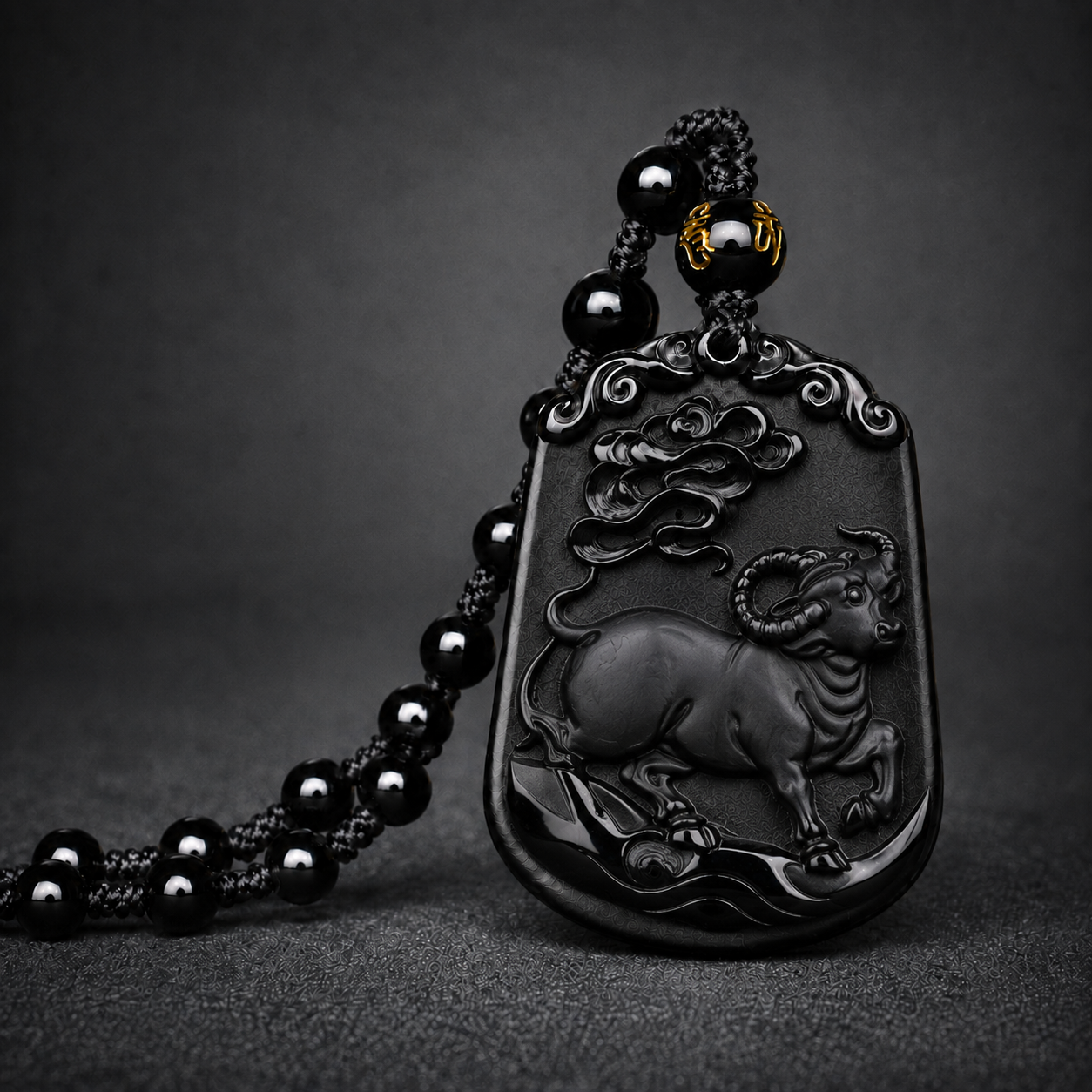 Black Ox zodiac symbol pendant with beaded cord