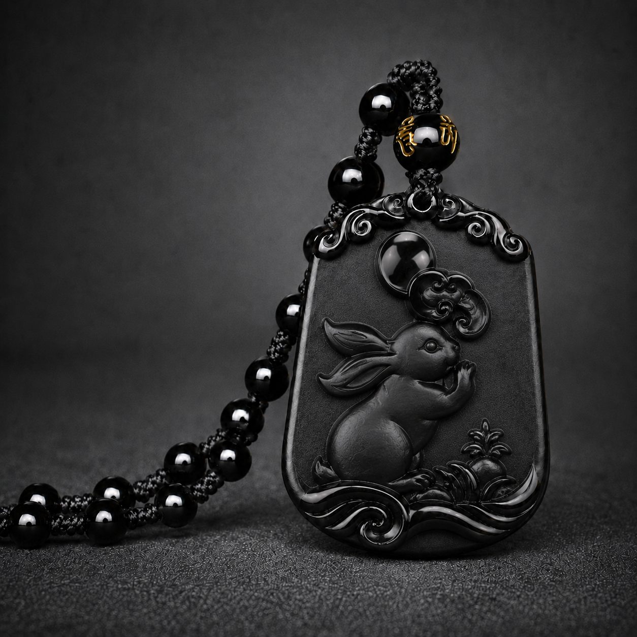 Black Rabbit zodiac symbol pendant with beaded cord