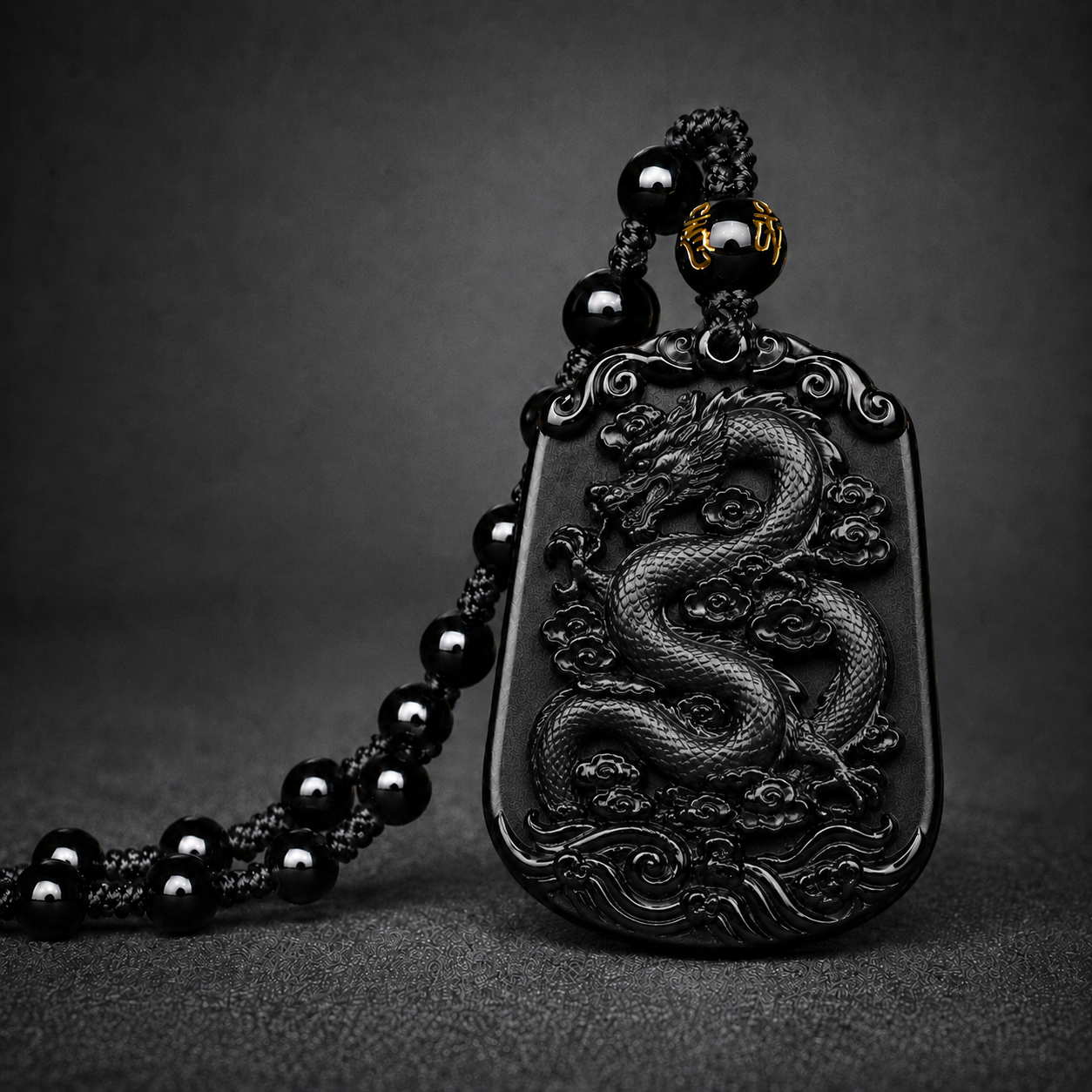 Black Dragon zodiac symbol pendant with beaded cord