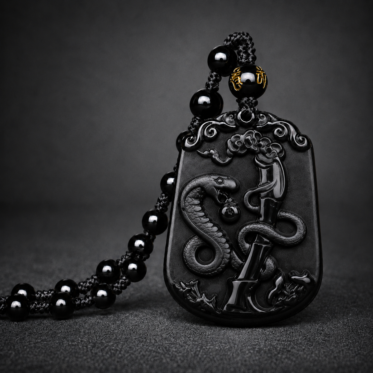 Black Snake zodiac symbol pendant with beaded cord