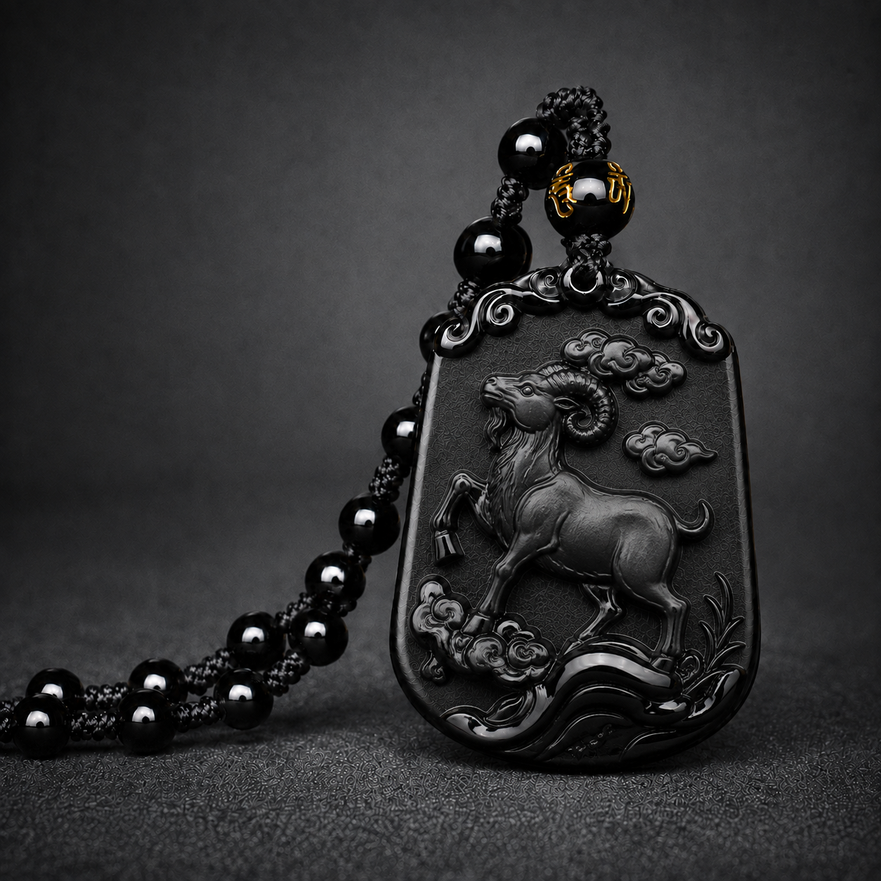 Black Goat zodiac symbol pendant with beaded cord