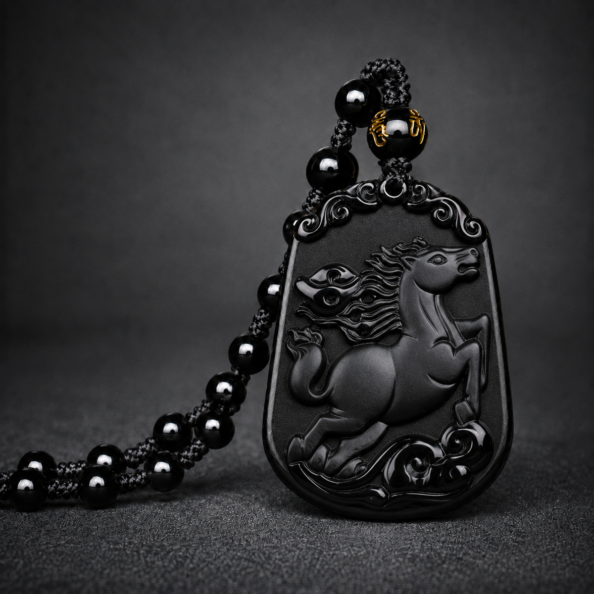 Black Horse zodiac symbol pendant with beaded cord