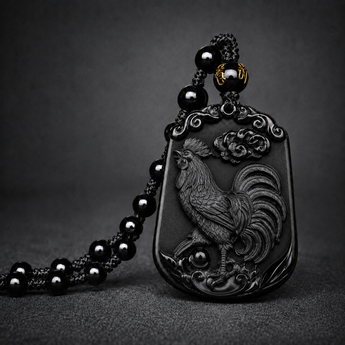 Black Rooster zodiac symbol pendant with beaded cord