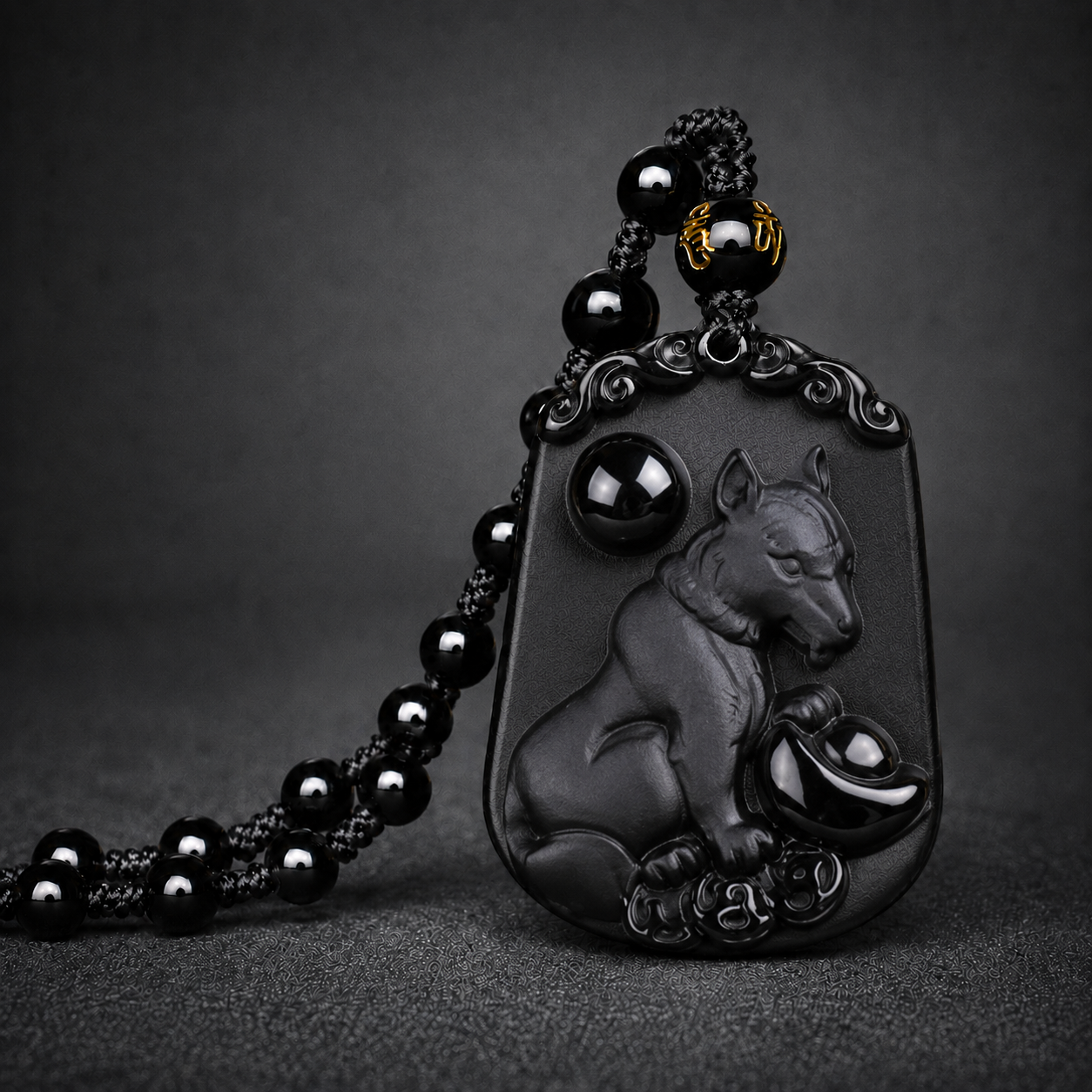Black Dog zodiac symbol pendant with beaded cord