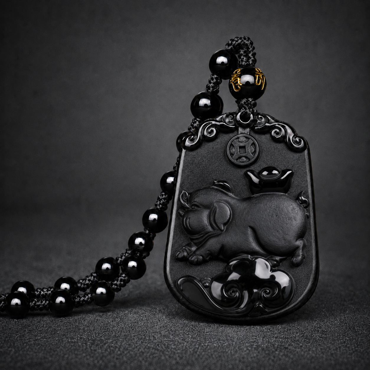 Black Pig zodiac symbol pendant with beaded cord