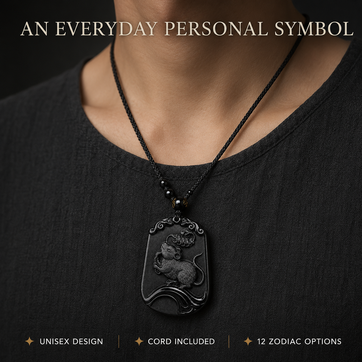 Zodiac Symbol Pendant worn with an included black cord