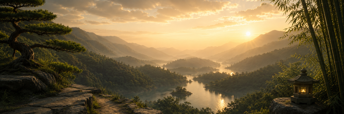 Sunrise over a mountain valley framed by pine and bamboo