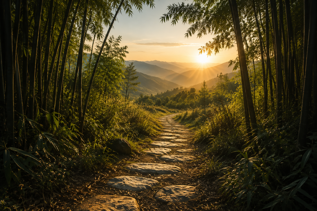 A clear path leading through bamboo toward a sunlit valley