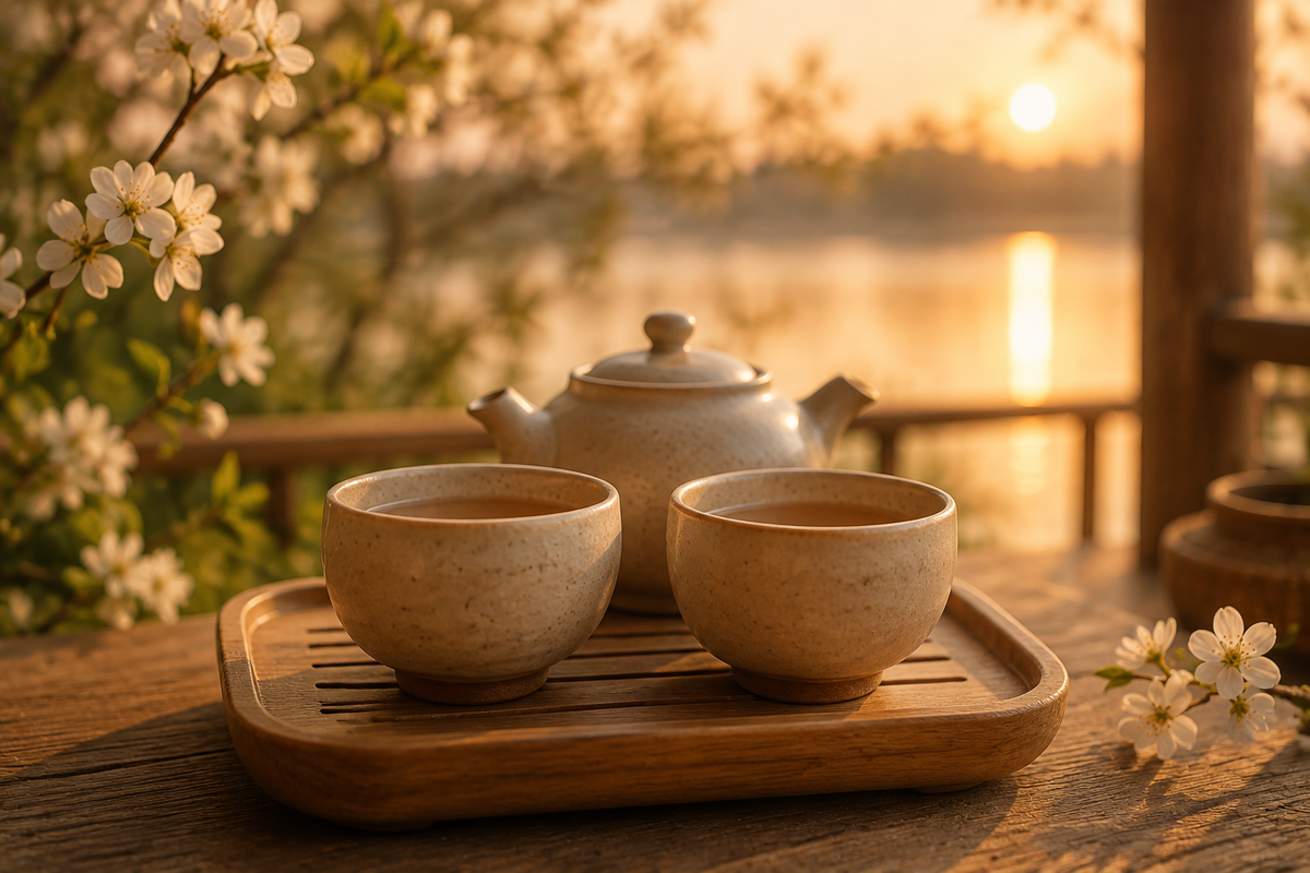 Two ceramic tea cups on a wooden tray at sunset