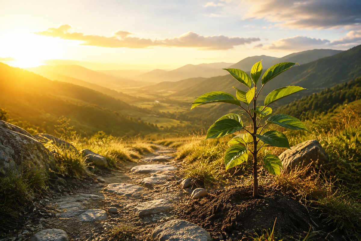 A young green tree beside an open mountain path