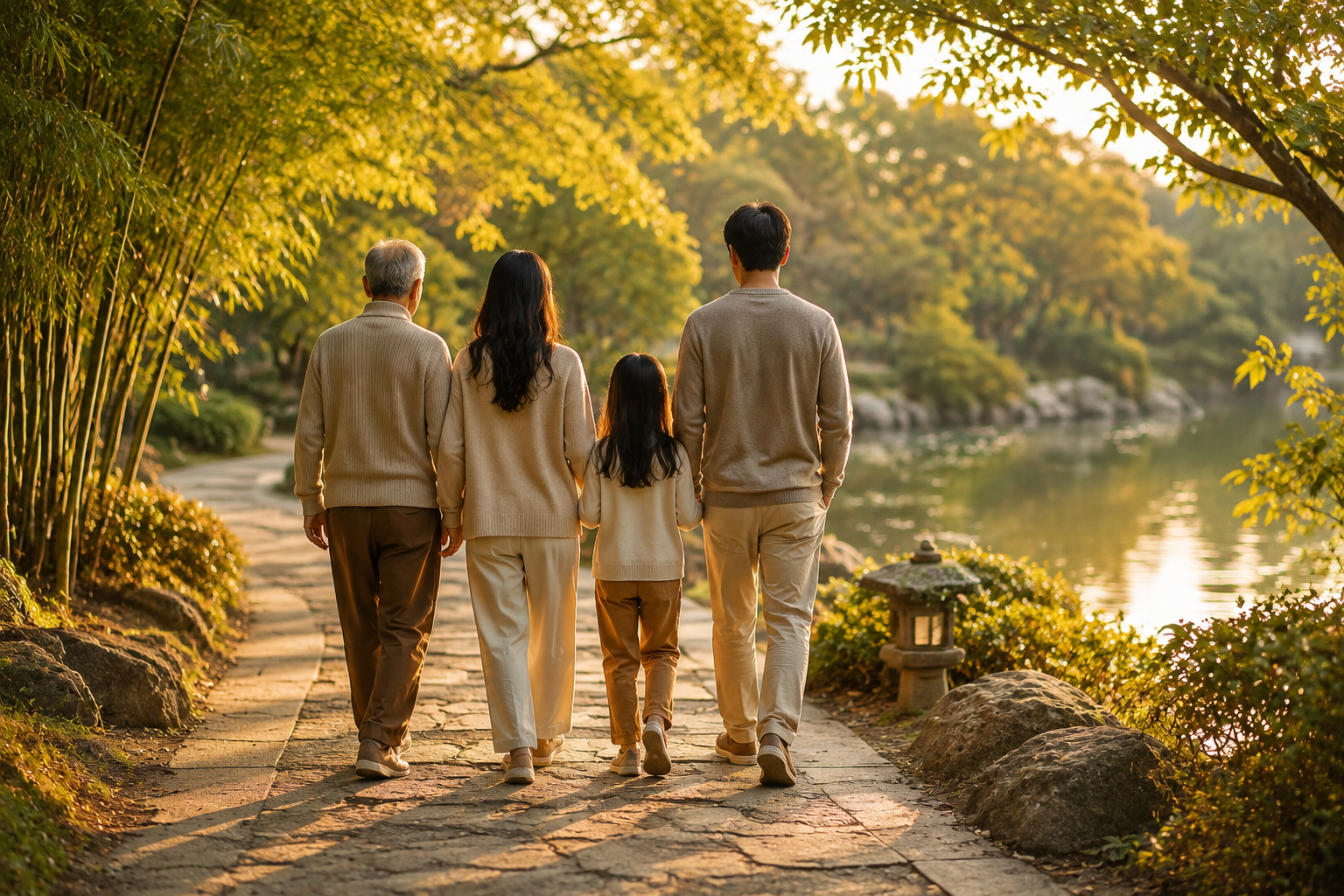 A multigenerational family walking beside a calm lake