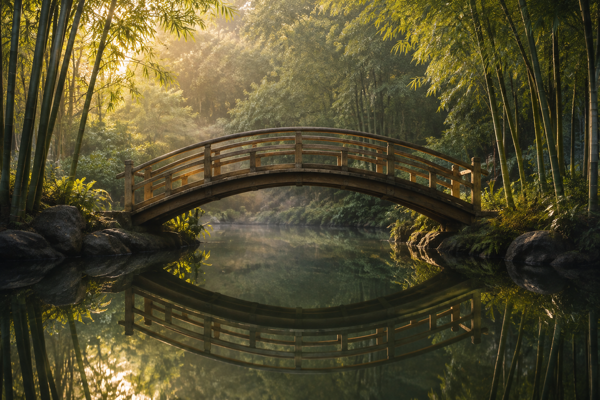An arched wooden bridge reflected in a still forest pond