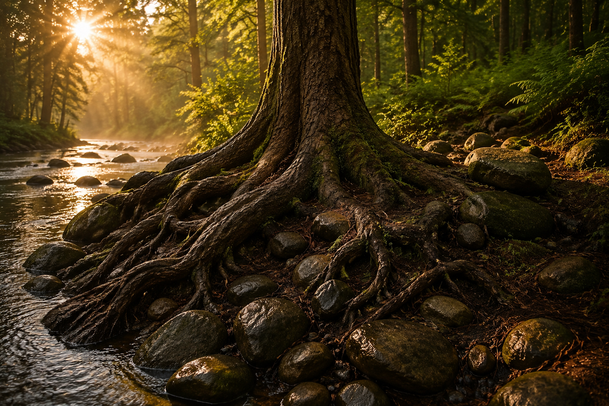 Tree roots and river stones beside a forest stream